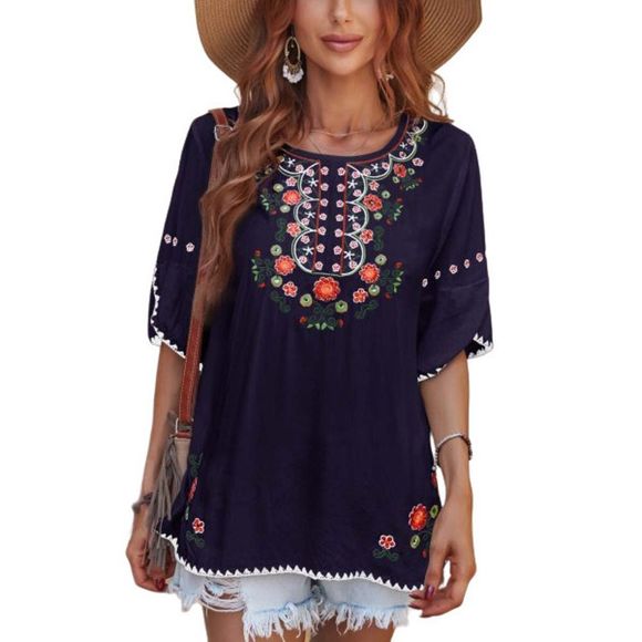 E-Rétro Tops - E-Rétro Navy Floral Embroidered Half Sleeve Tunic One-Size